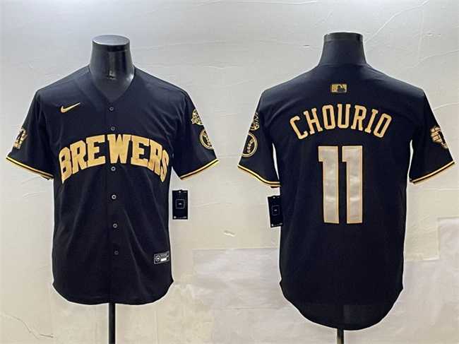 Men%27s Milwaukee Brewers #11 Jackson Chourio Black Gold With Home Patch Limited Stitched Jersey